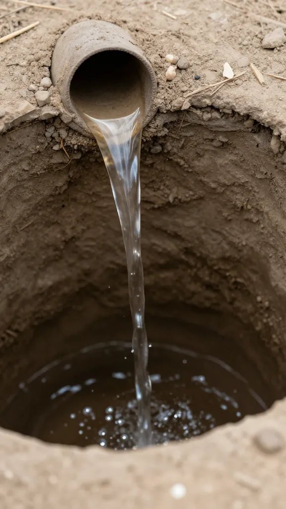 Single flushed drainage stream exiting pot hole, closeup