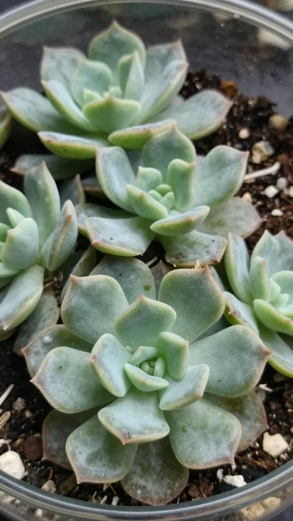 closeup of etiolated echeveria stretching in glass terrarium