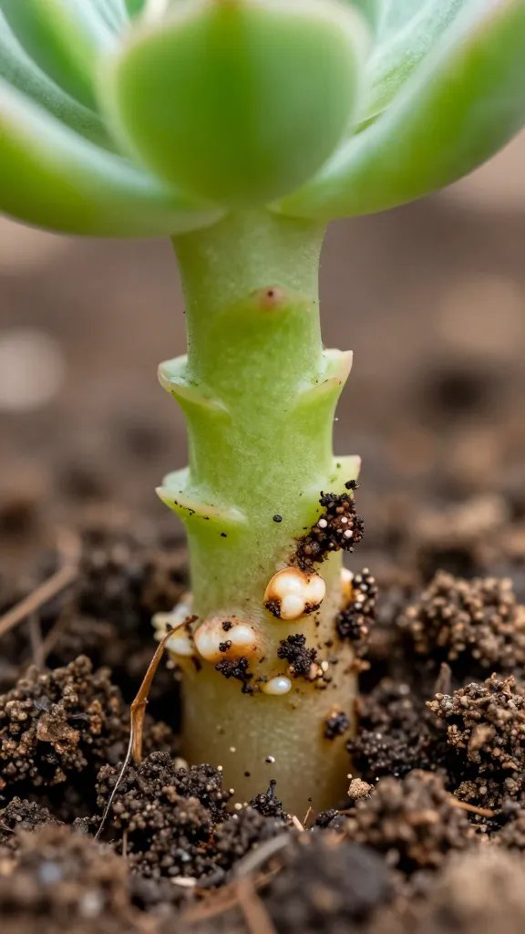 macro of mushy succulent stem rot in gritty soil