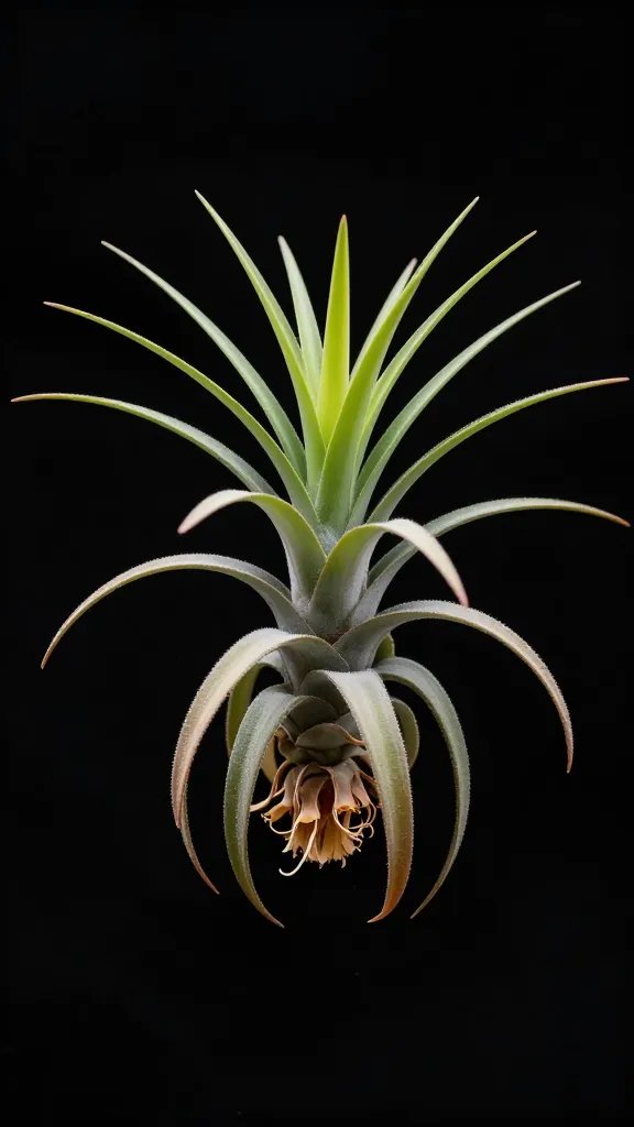 single tillandsia xerographica with desiccated leaf tips