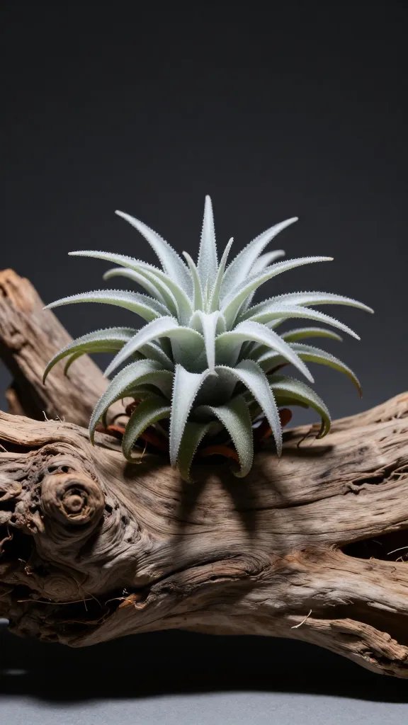 misted tillandsia resting on dry driftwood, studio lighting