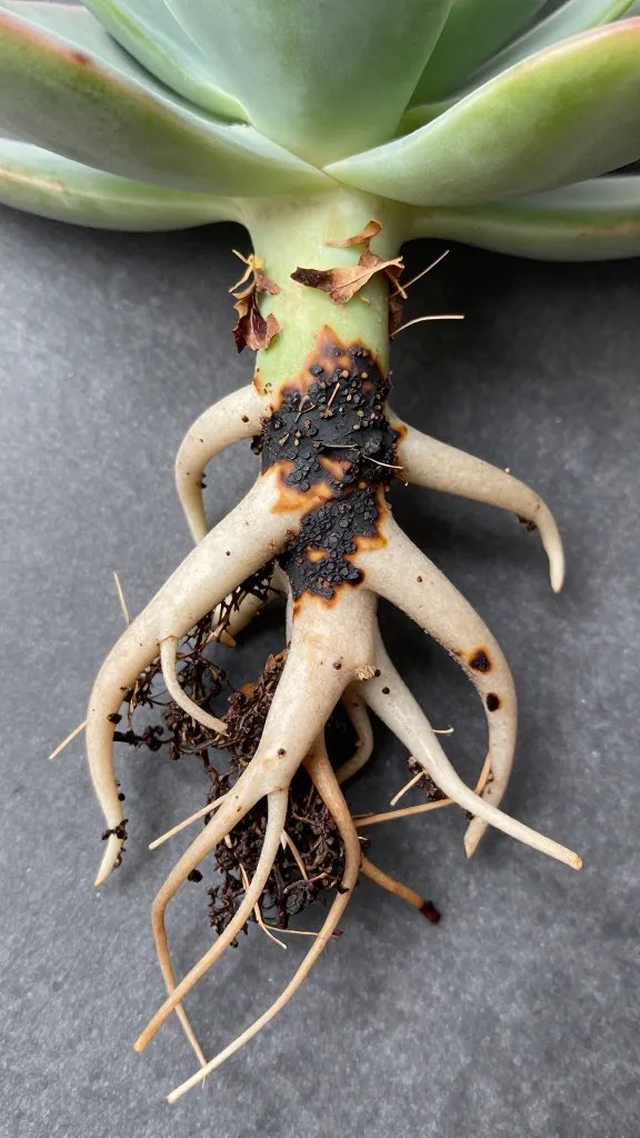 overhead of succulent roots showing black rot lesion