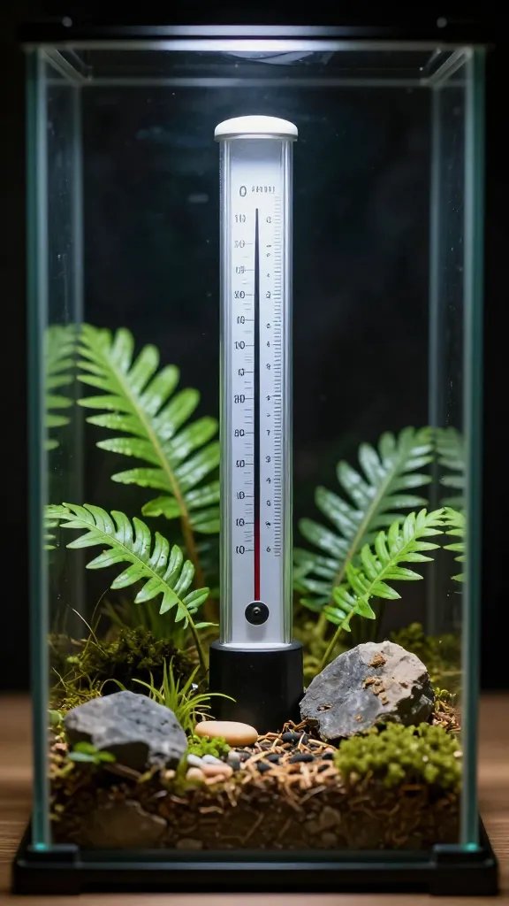 single hygrometer reading high humidity inside small terrarium
