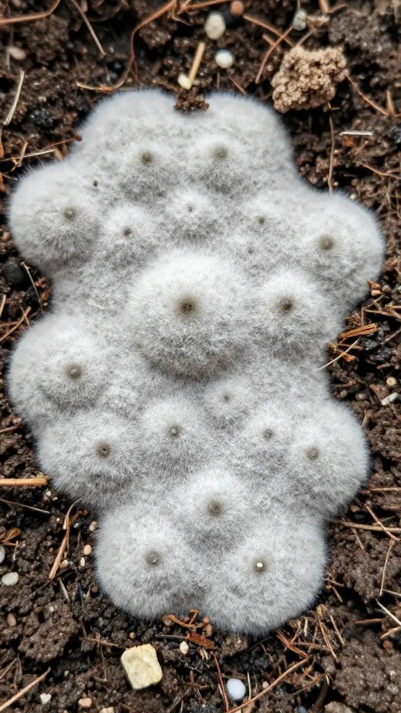 closeup of white mold fuzz on succulent soil surface