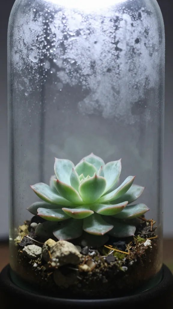 fogged terrarium glass with single echeveria behind condensation