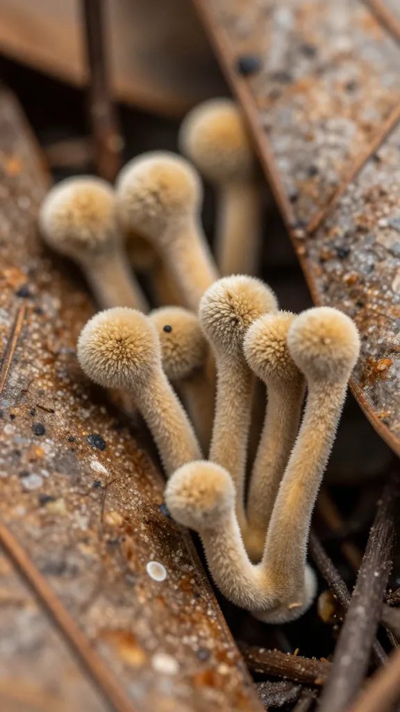 macro of saprophytic mold threads on dried leaf litter
