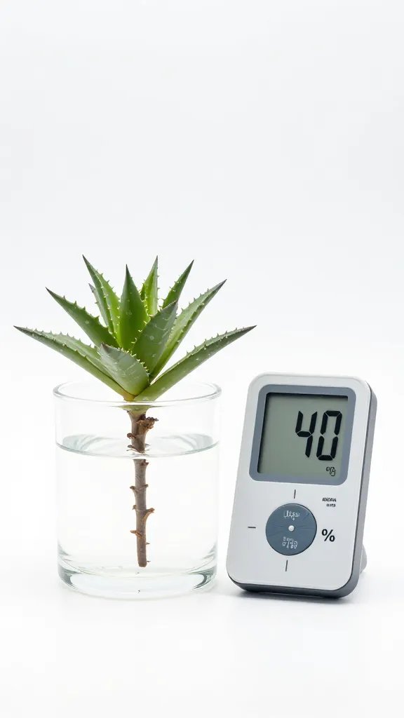 hygrometer reading 40% beside single haworthia in glass