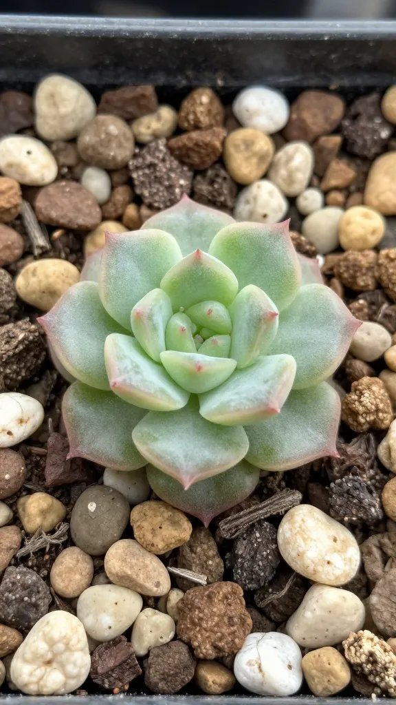 closeup of drainage layer pebbles beneath single succulent