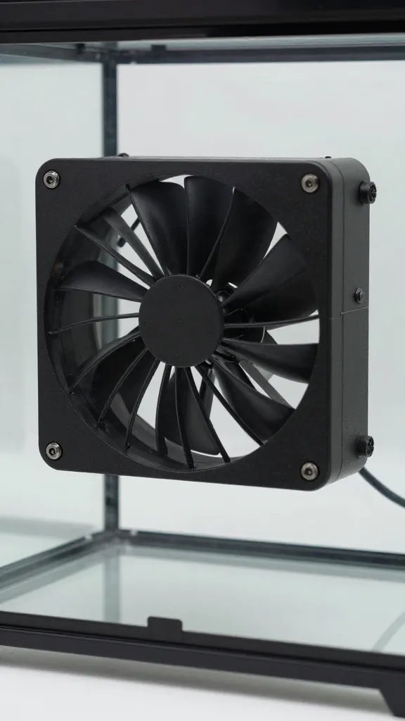 single airflow clip-on fan aimed at glass terrarium side