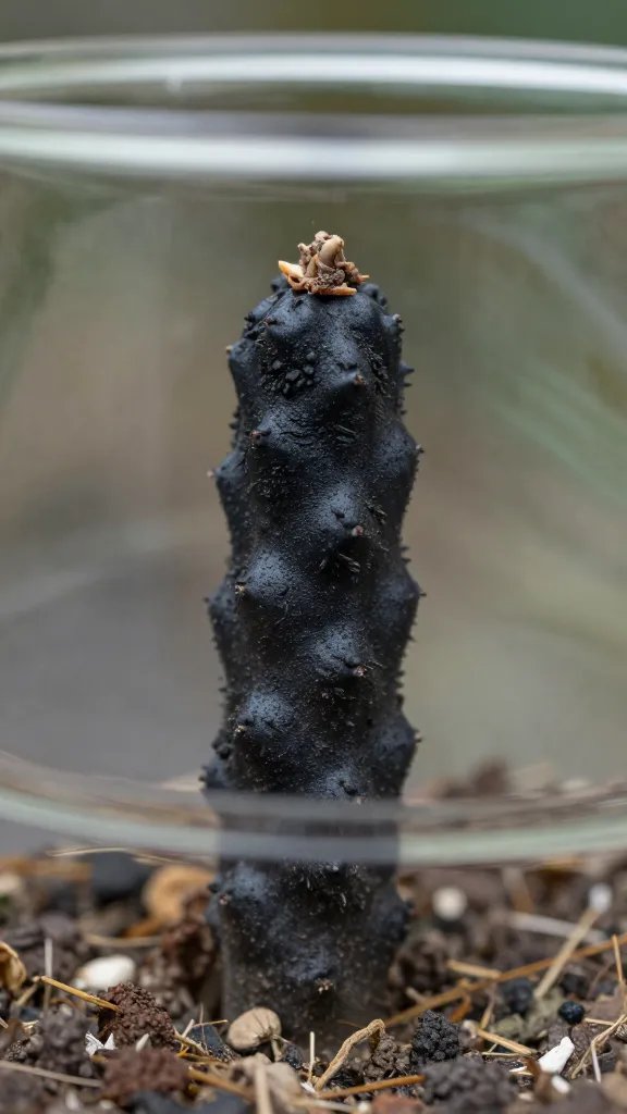closeup of mushy blackened succulent stem in glass terrarium