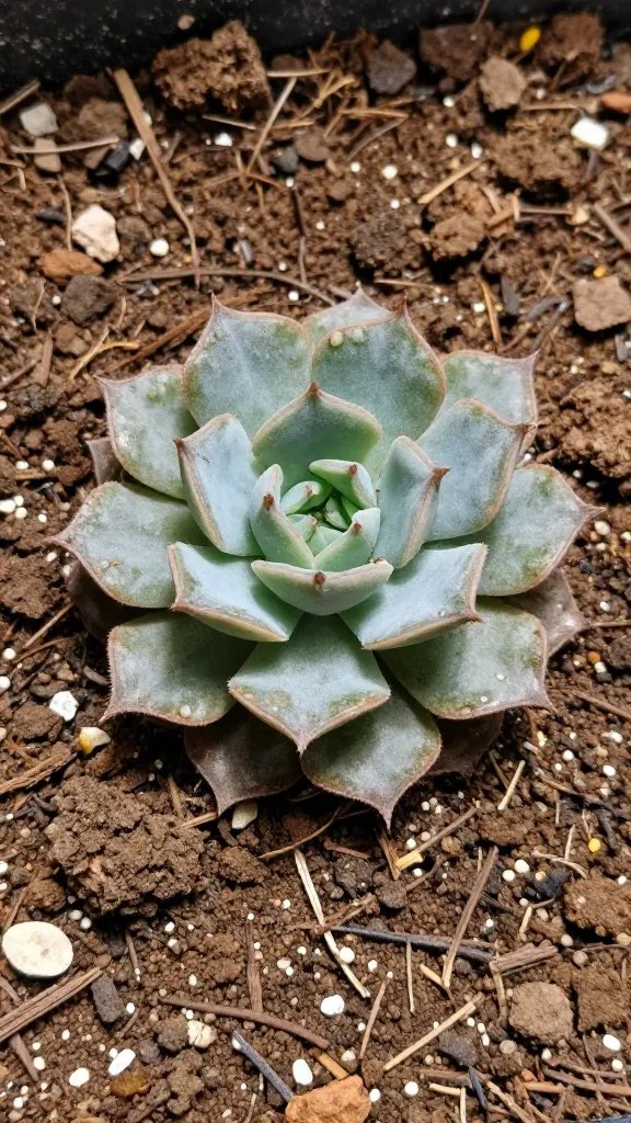 single shriveled echeveria rosette in dry terrarium soil