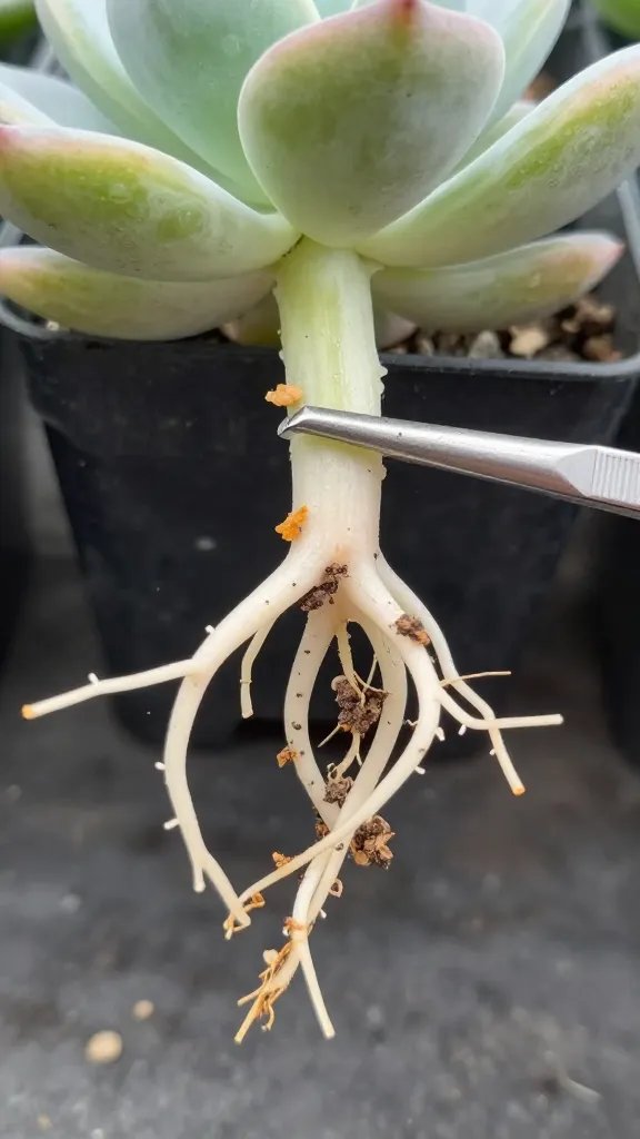 closeup of white root rot on succulent roots in tweezers