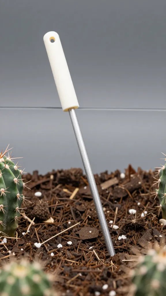 single moisture meter probe in terrarium cactus soil