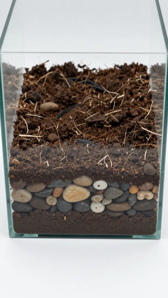 single terrarium drainage layer of pebbles visible beneath soil
