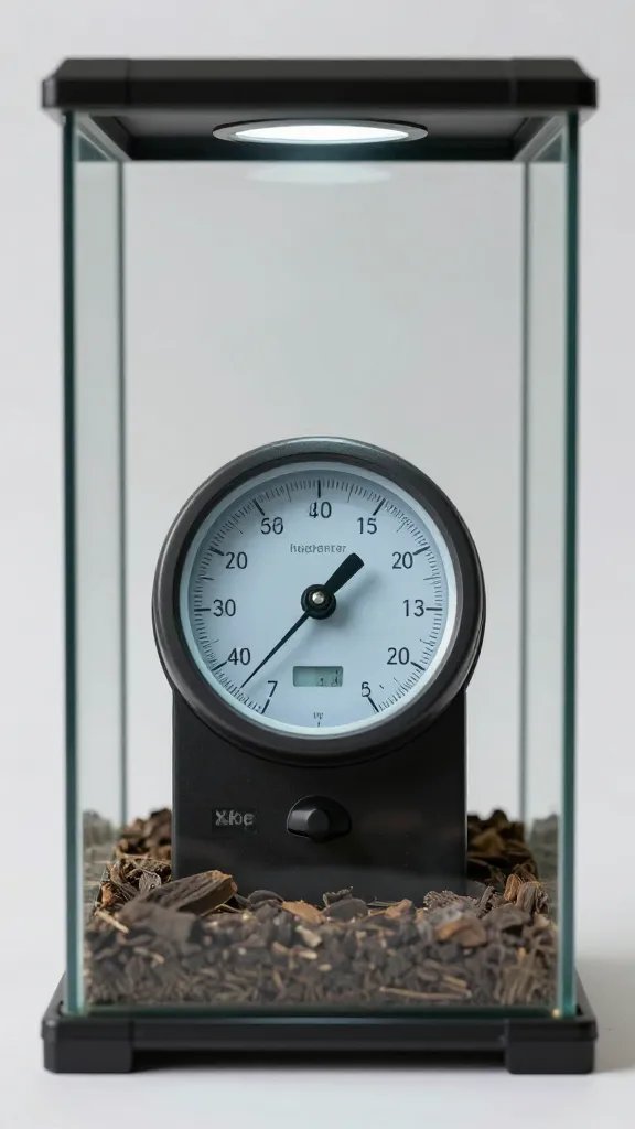 hygrometer reading inside closed glass terrarium