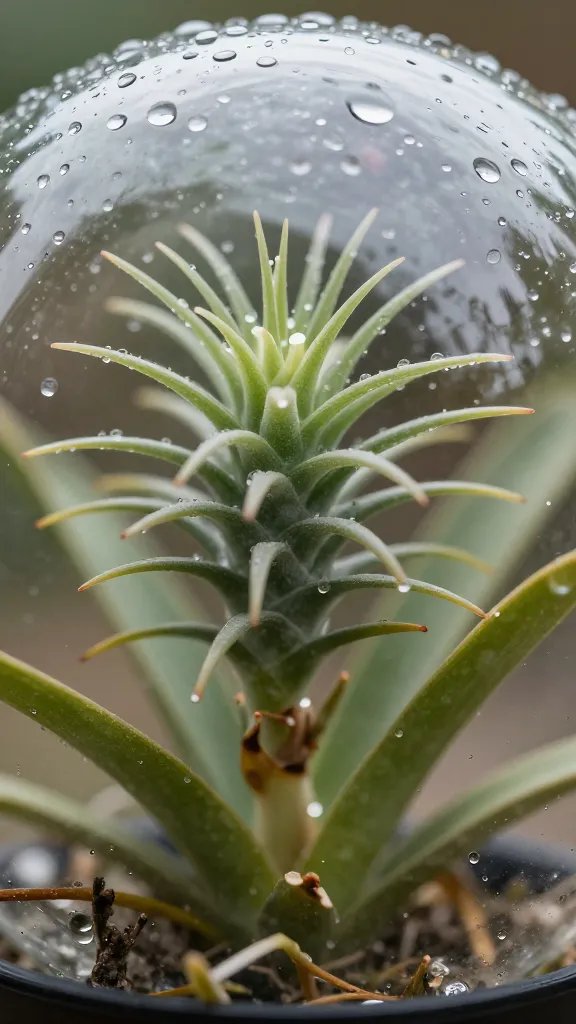 closeup Tillandsia ionantha in glass globe, water droplets