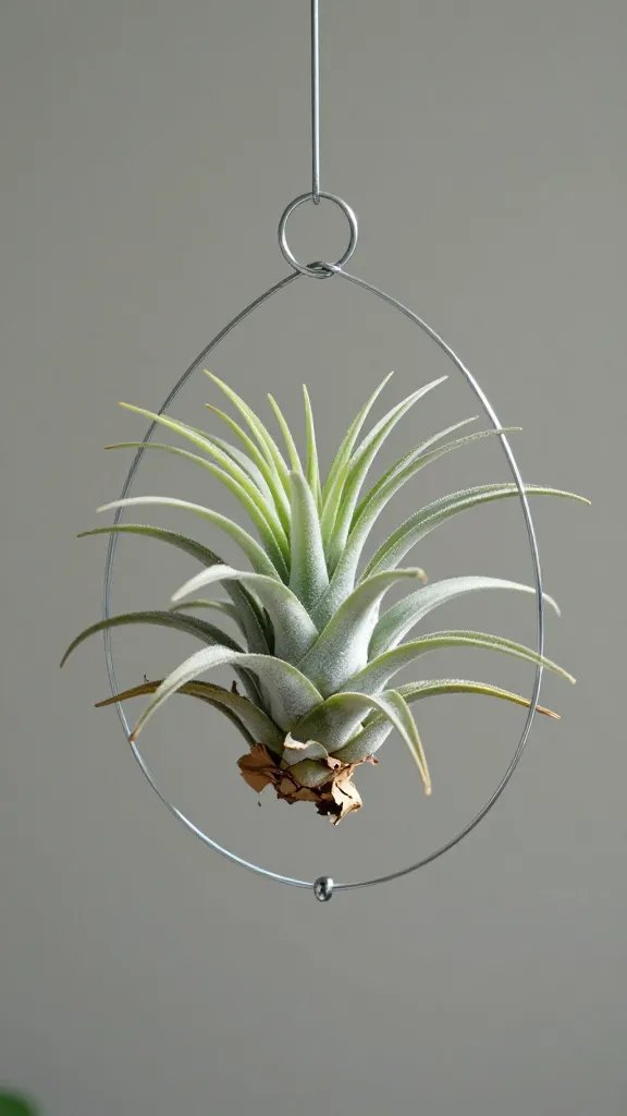 single air plant in open wire hanger, drying after rinse