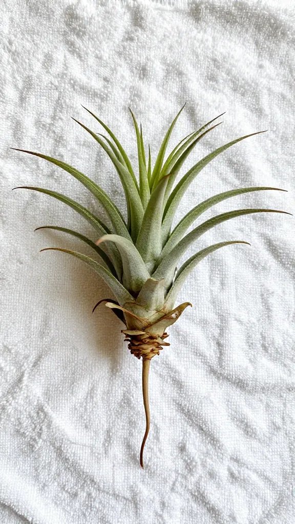 single air plant resting upside down on towel, drying
