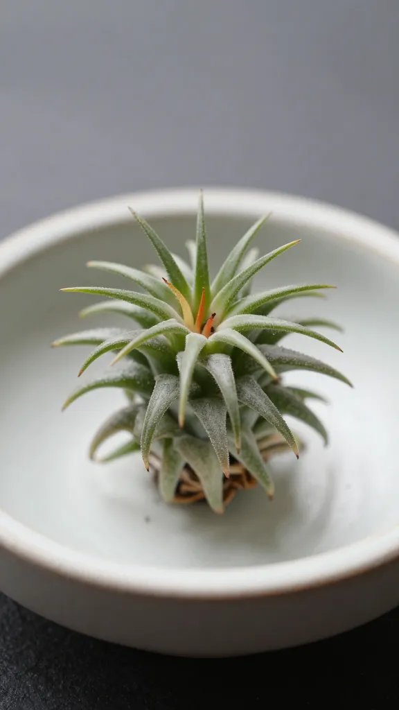 closeup Tillandsia xerographica in shallow ceramic dish