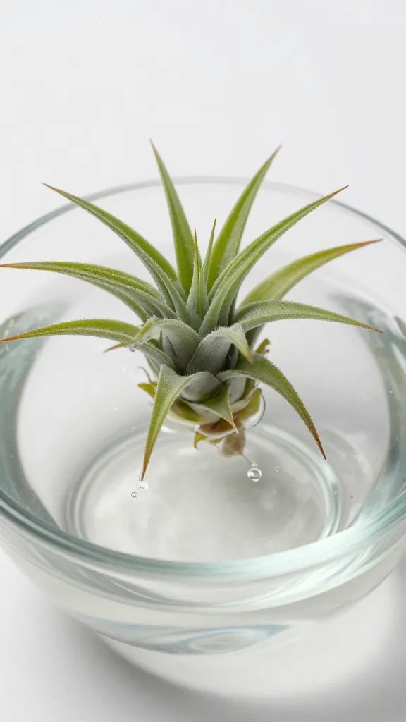 single air plant being dipped in clear bowl of water