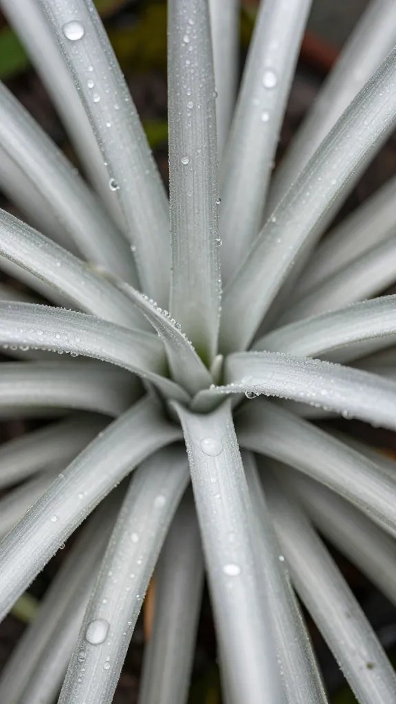 closeup water beading on silver-leaved Tillandsia caput-medusae