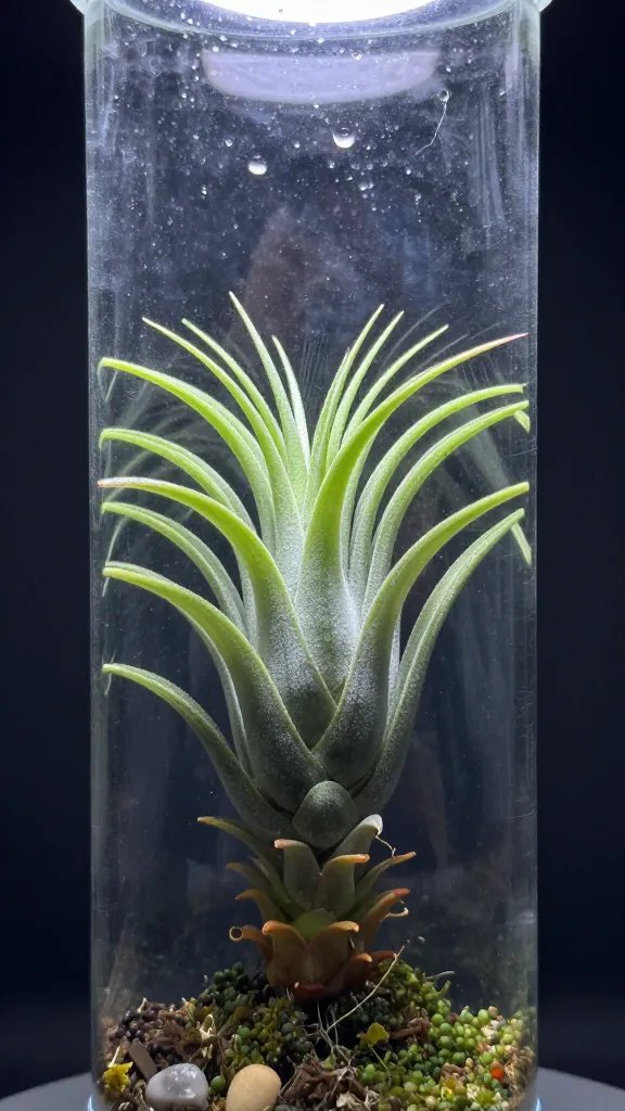 single air plant in narrow-neck terrarium, condensed humidity