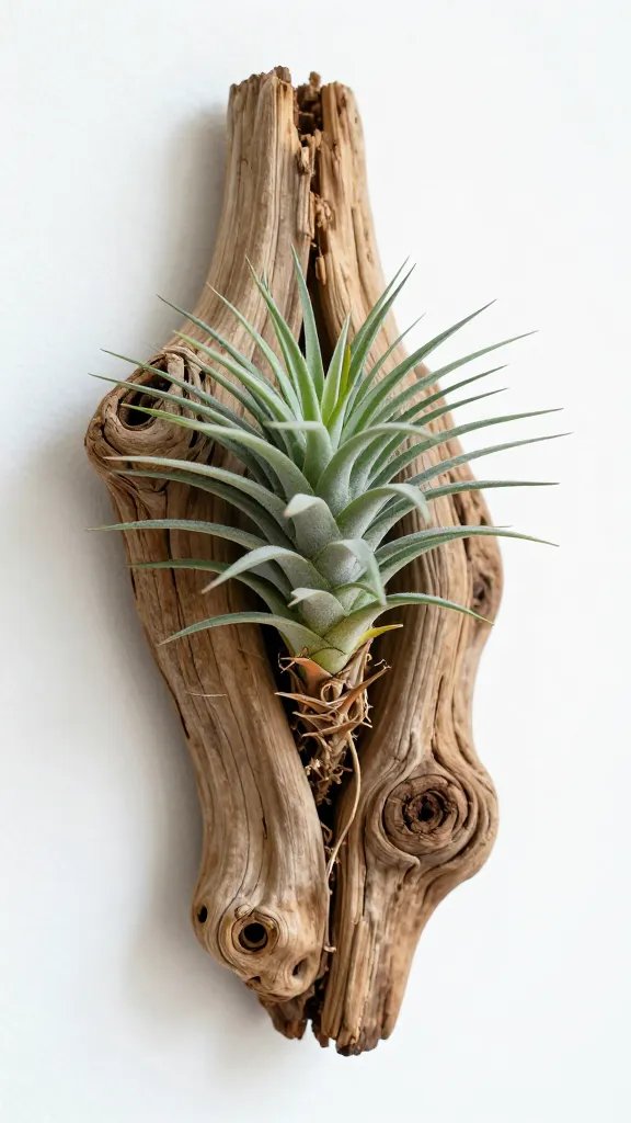 closeup Tillandsia mounted on driftwood, bright airflow background