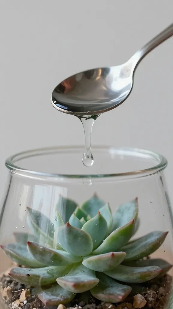 closeup teaspoon dripping water into glass succulent terrarium