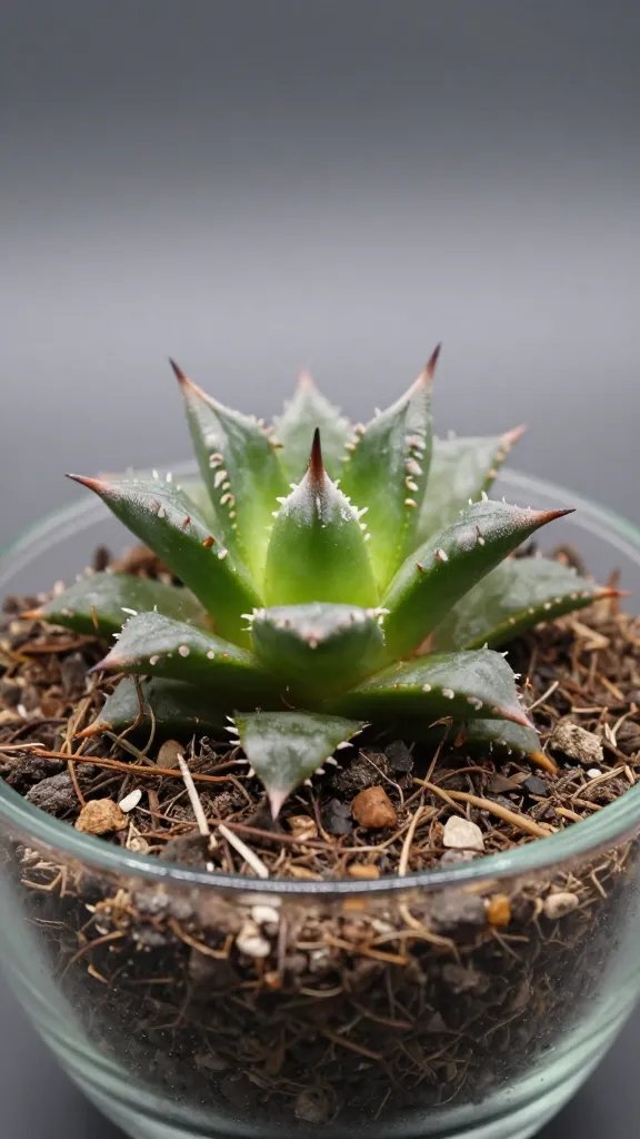 single haworthia in open glass bowl, dry soil closeup