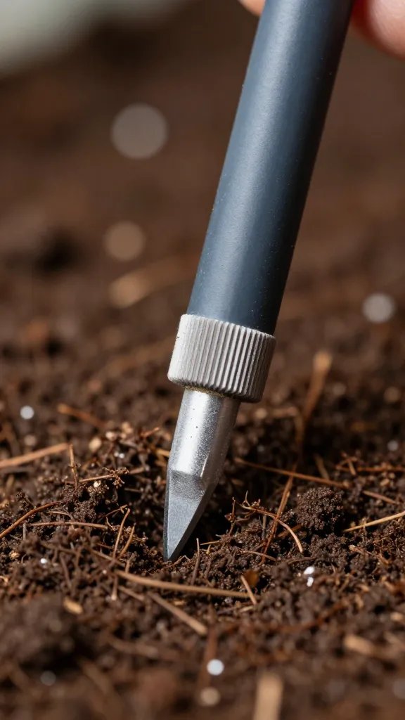 moisture meter tip in terrarium soil, macro focus