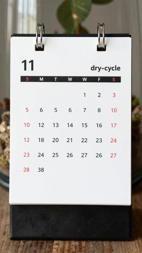 calendar page marked “dry-cycle” beside terrarium, focus on date