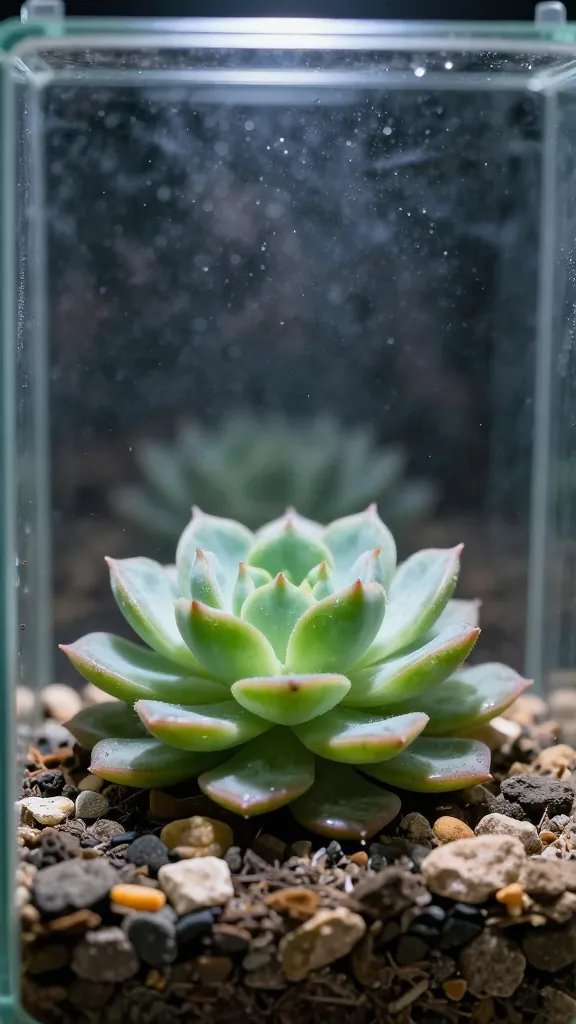 condensation-free terrarium wall with single echeveria, macro