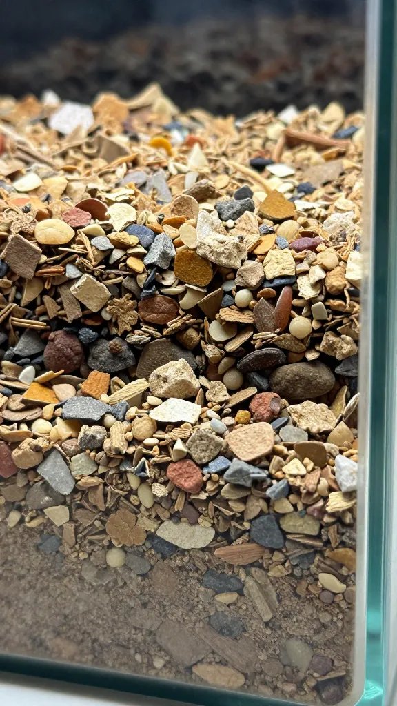 closeup of dry gritty substrate layers in glass terrarium