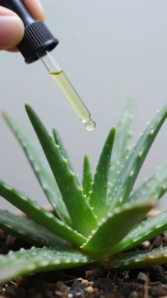 dropper bottle poised over aloe rosette in terrarium