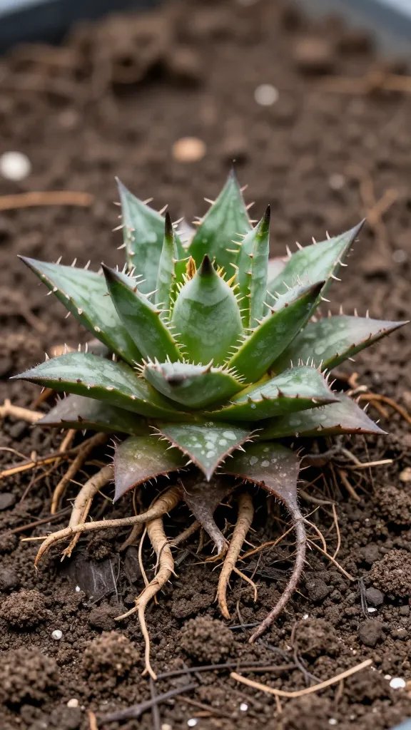 root crown of zebra haworthia above soil, sharp detail