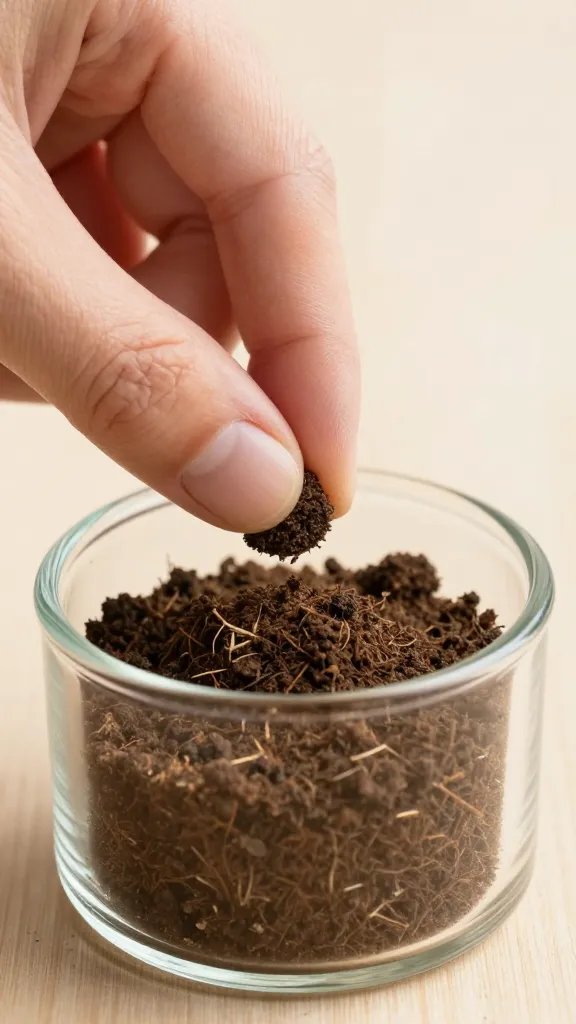 fingertip testing dry topsoil in small glass terrarium, macro