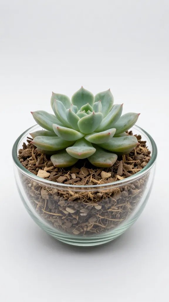 succulent in wide-mouth glass bowl, dry upper soil