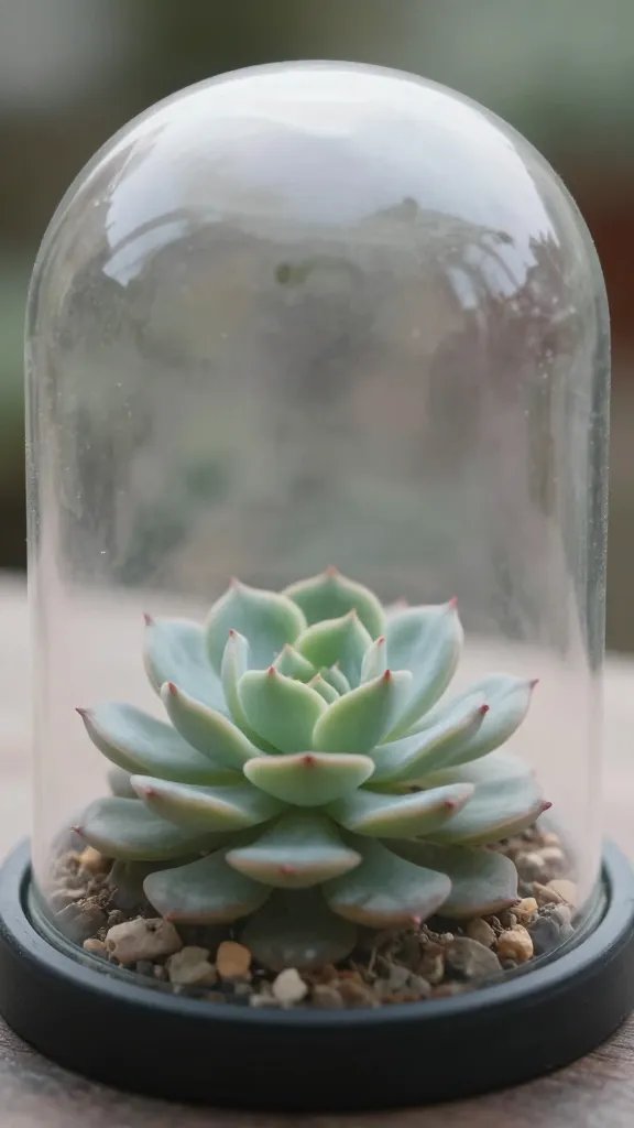single echeveria under domed cloche with fogged rim