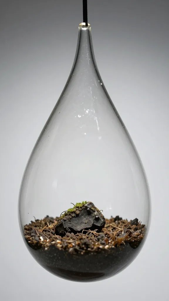 teardrop hanging terrarium with moist lower layer visible