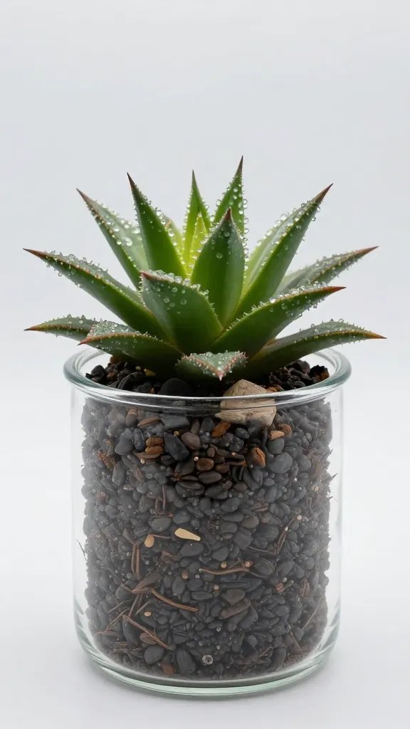 single haworthia in apothecary jar, dew on shoulder