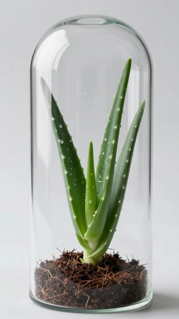 single aloe in bell jar, droplets sliding back to soil