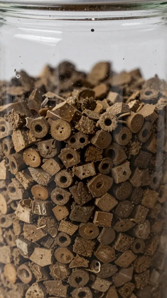 closeup of wet LECA drainage layer in glass jar