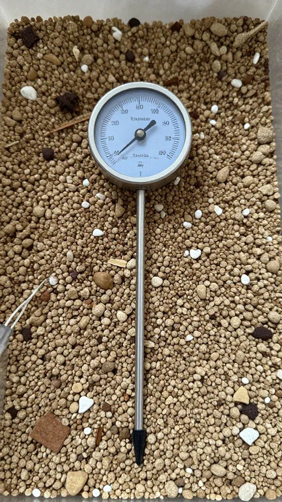 single hygrometer probe resting on terrarium gravel