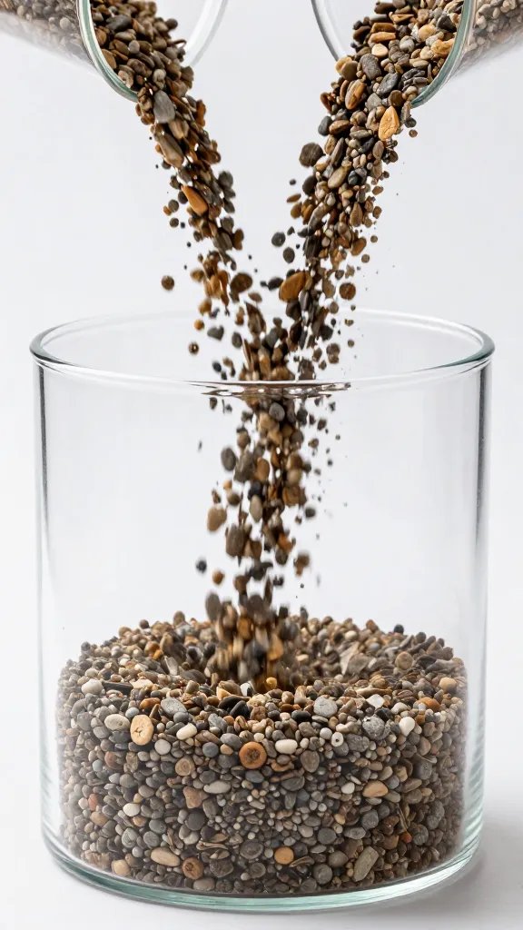 single scoop pouring rinsed gravel into cylinder terrarium