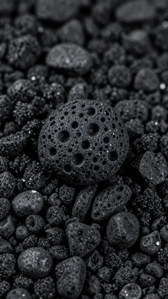 macro of activated charcoal granule showing micro-pores