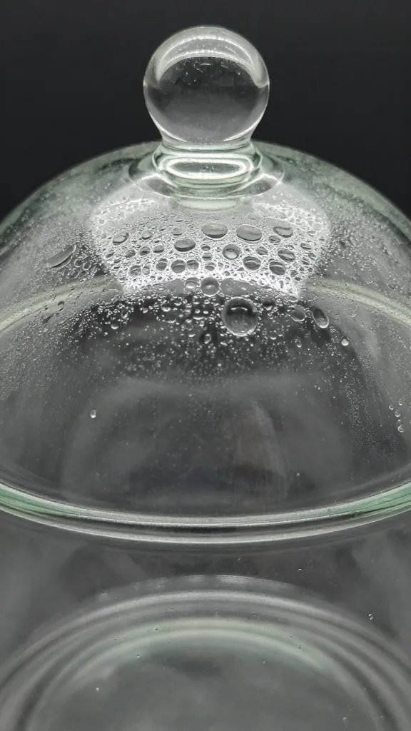 closeup glass terrarium lid with light condensation beads
