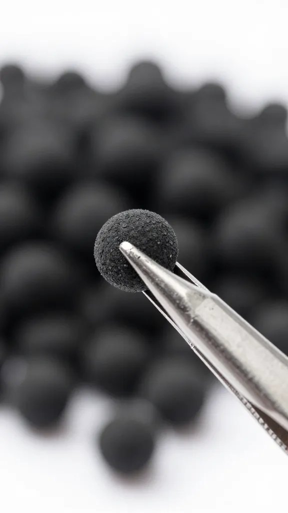 tweezers holding one activated charcoal pellet