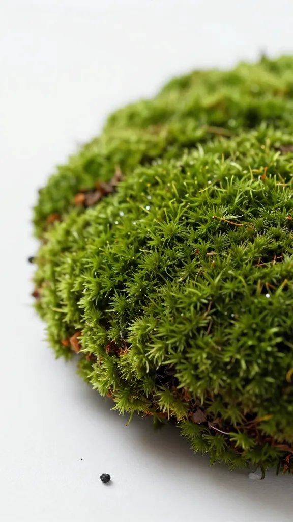 closeup moss cushion beside tiny charcoal speck