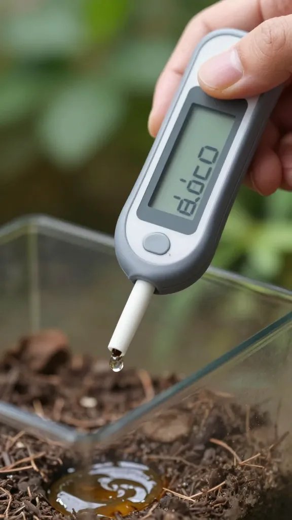 handheld TDS meter probing terrarium leachate droplet