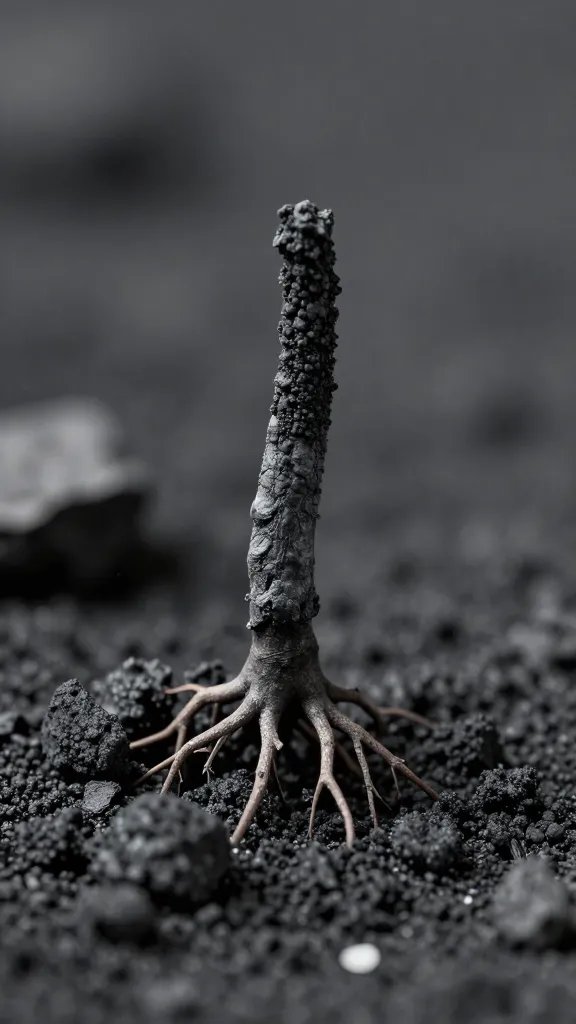closeup root tip emerging near charcoal particle